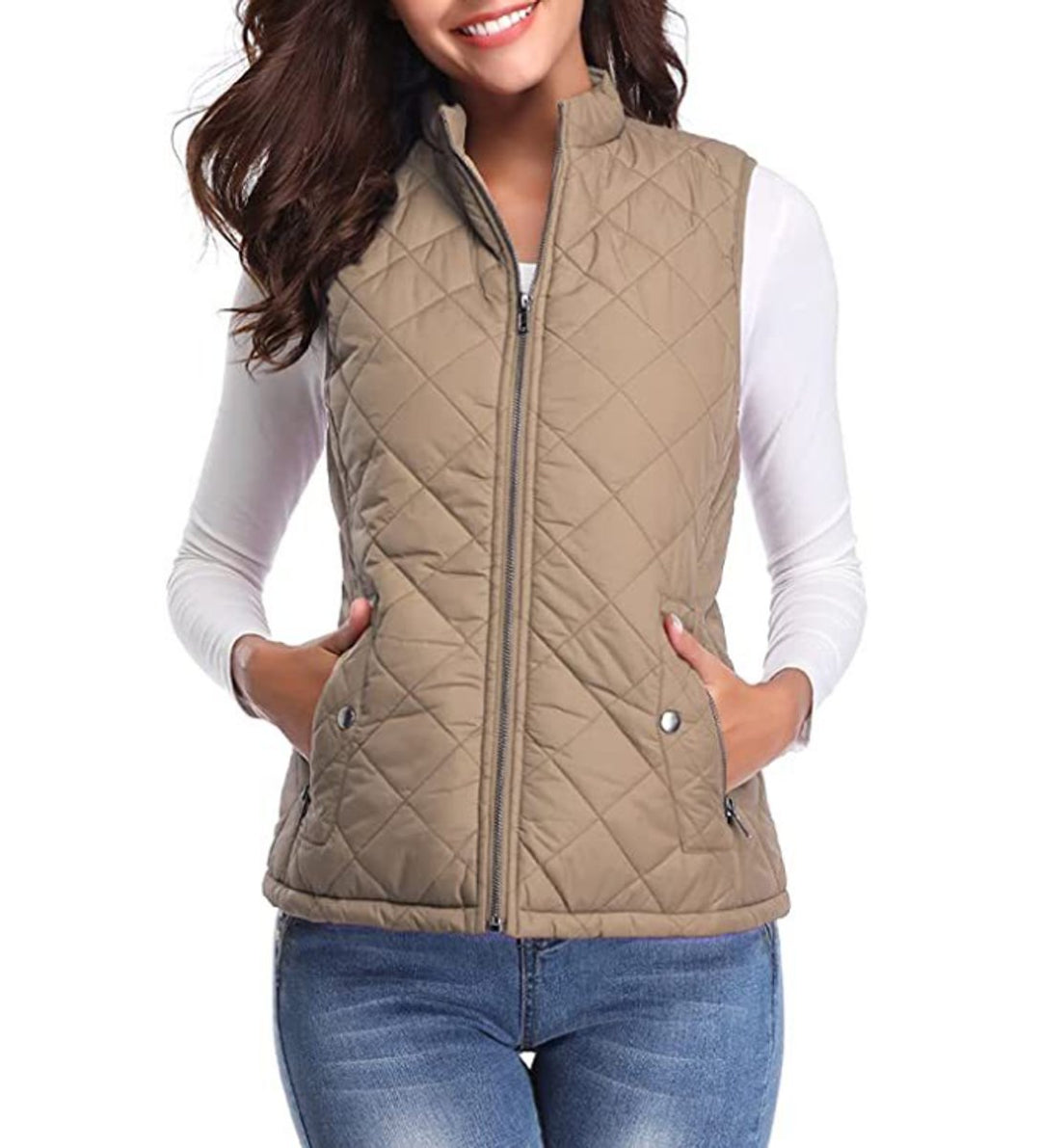 Dames Gewatteerde Mouwloze Puffer Vest Ritssluitng Bodywarmer - Lichtbeige