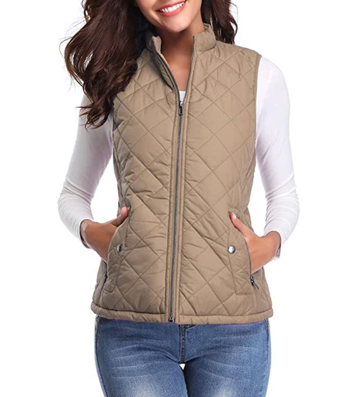 Dames Gewatteerde Mouwloze Puffer Vest Ritssluitng Bodywarmer - Lichtbeige