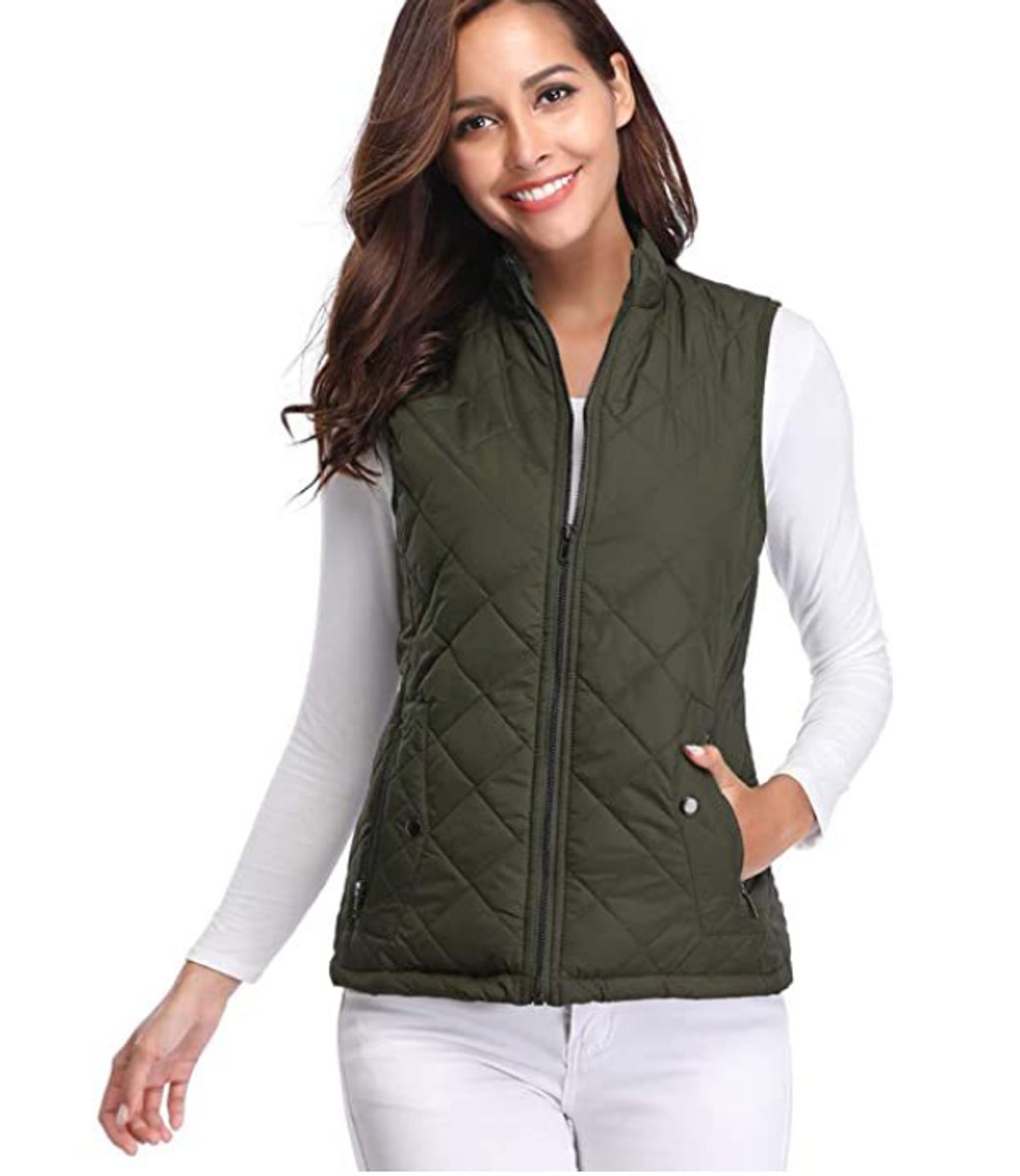 Dames Gewatteerde Mouwloze Puffer Vest Ritssluitng Bodywarmer - Olijfgroen