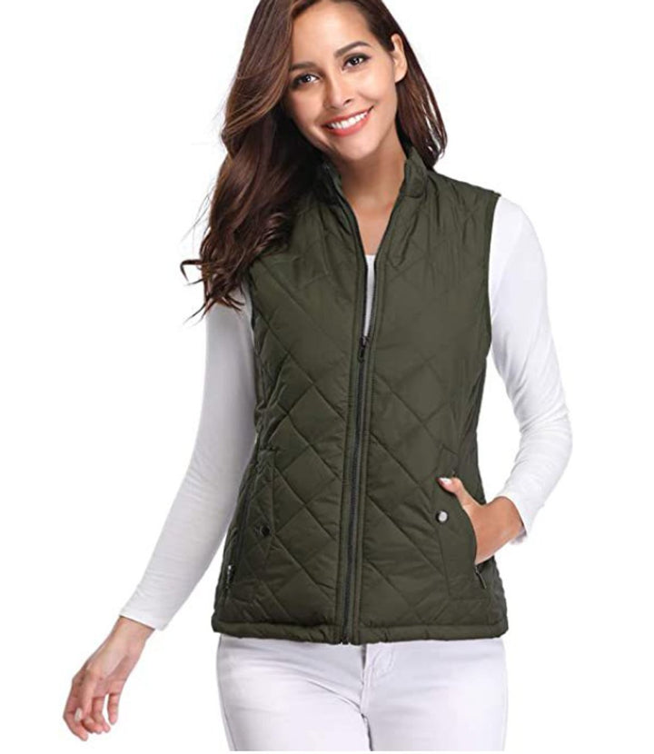 Dames Gewatteerde Mouwloze Puffer Vest Ritssluitng Bodywarmer - Olijfgroen