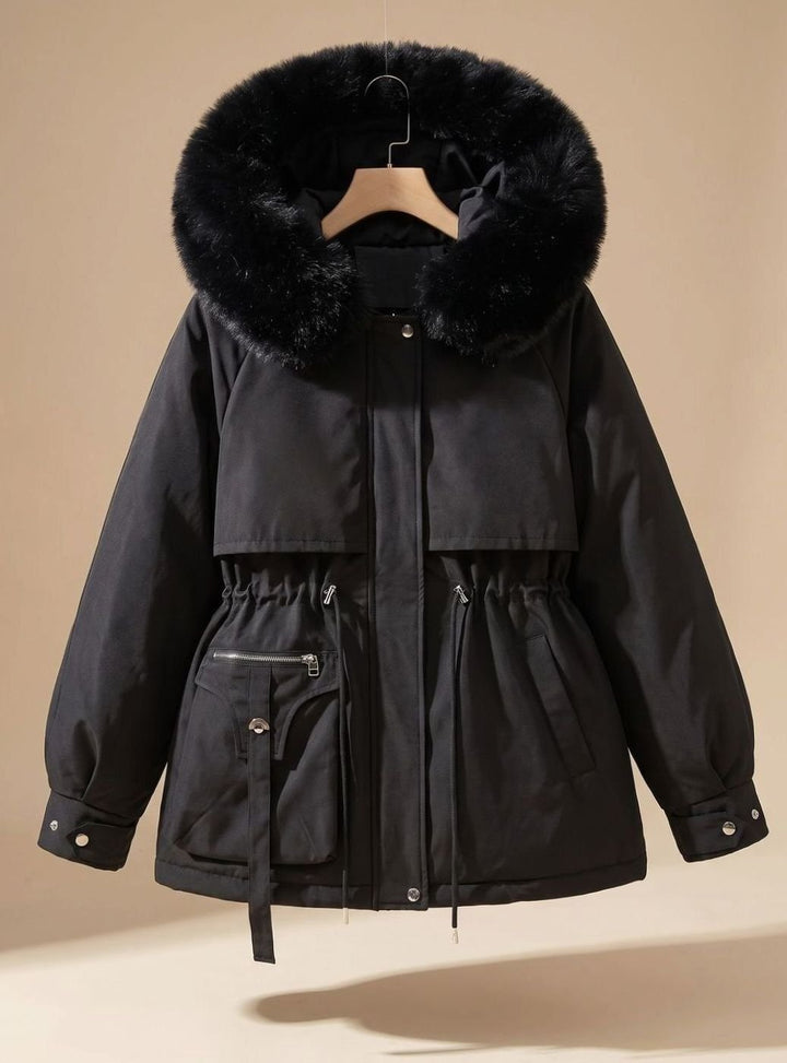 Dames Gewatteerde Parka met Trekkoord Taille Nepbont Capuchon - Zwart