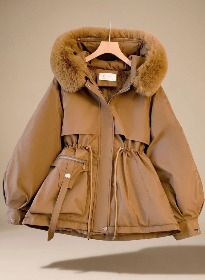 Dames Gewatteerde Parka met Trekkoord Taille Nepbont Capuchon - Bruin