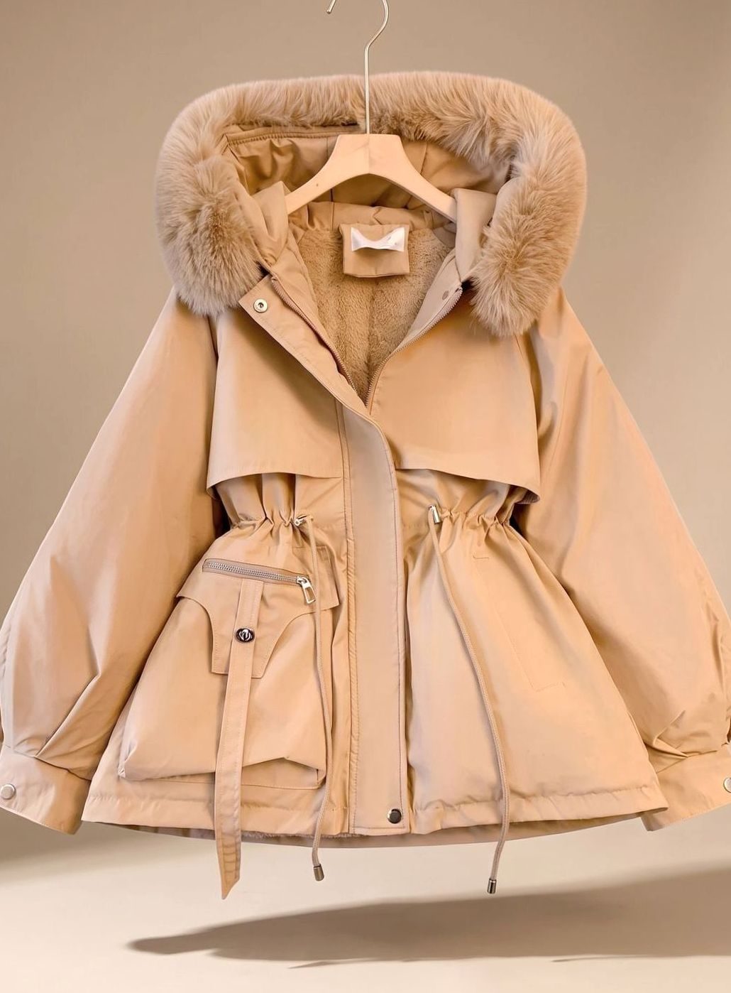 Dames Gewatteerde Parka met Trekkoord Taille Nepbont Capuchon - Khaki