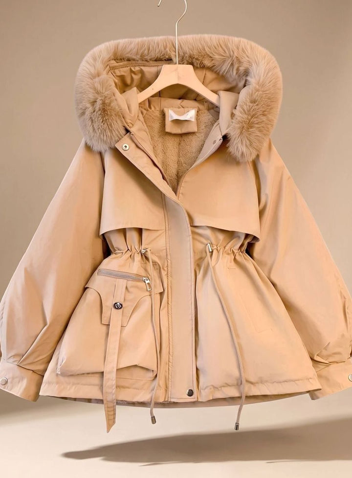 Dames Gewatteerde Parka met Trekkoord Taille Nepbont Capuchon - Khaki