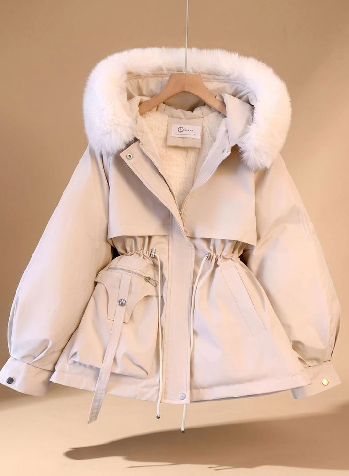 Dames Gewatteerde Parka met Trekkoord Taille Nepbont Capuchon - Wit