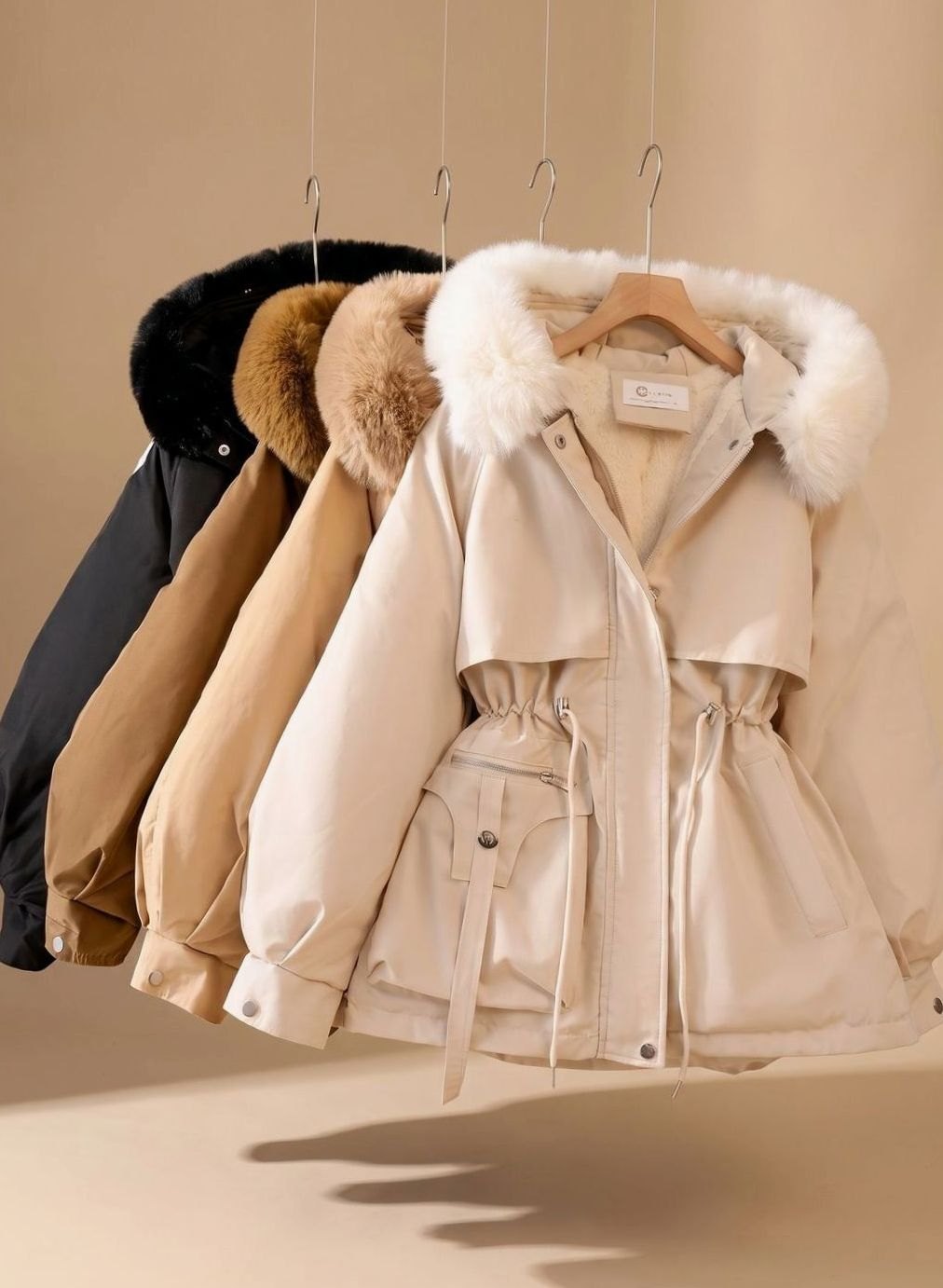 Dames Gewatteerde Parka met Trekkoord Taille Nepbont Capuchon