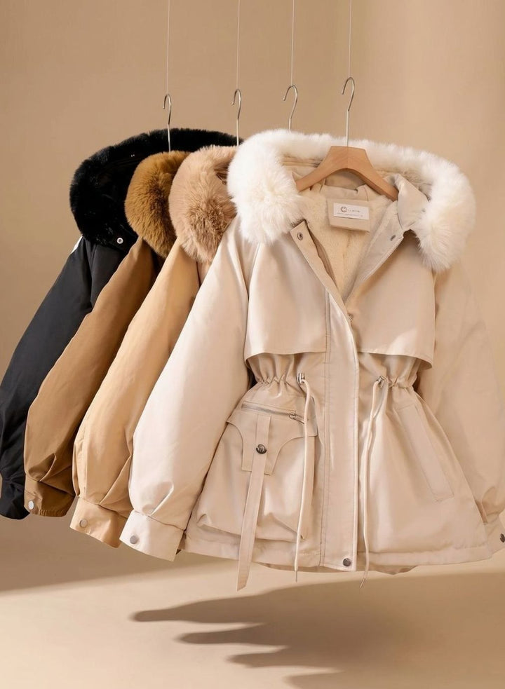 Dames Gewatteerde Parka met Trekkoord Taille Nepbont Capuchon