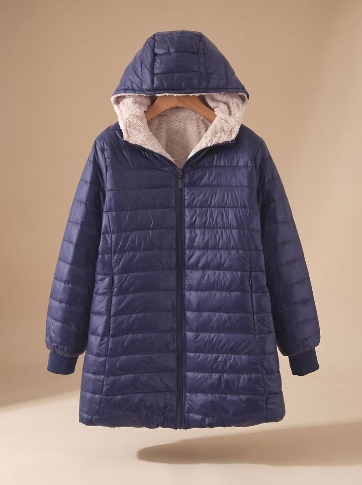 Dames Gewatteerde Teddy Jas met Capuchon Fleece Voering - Marineblauw