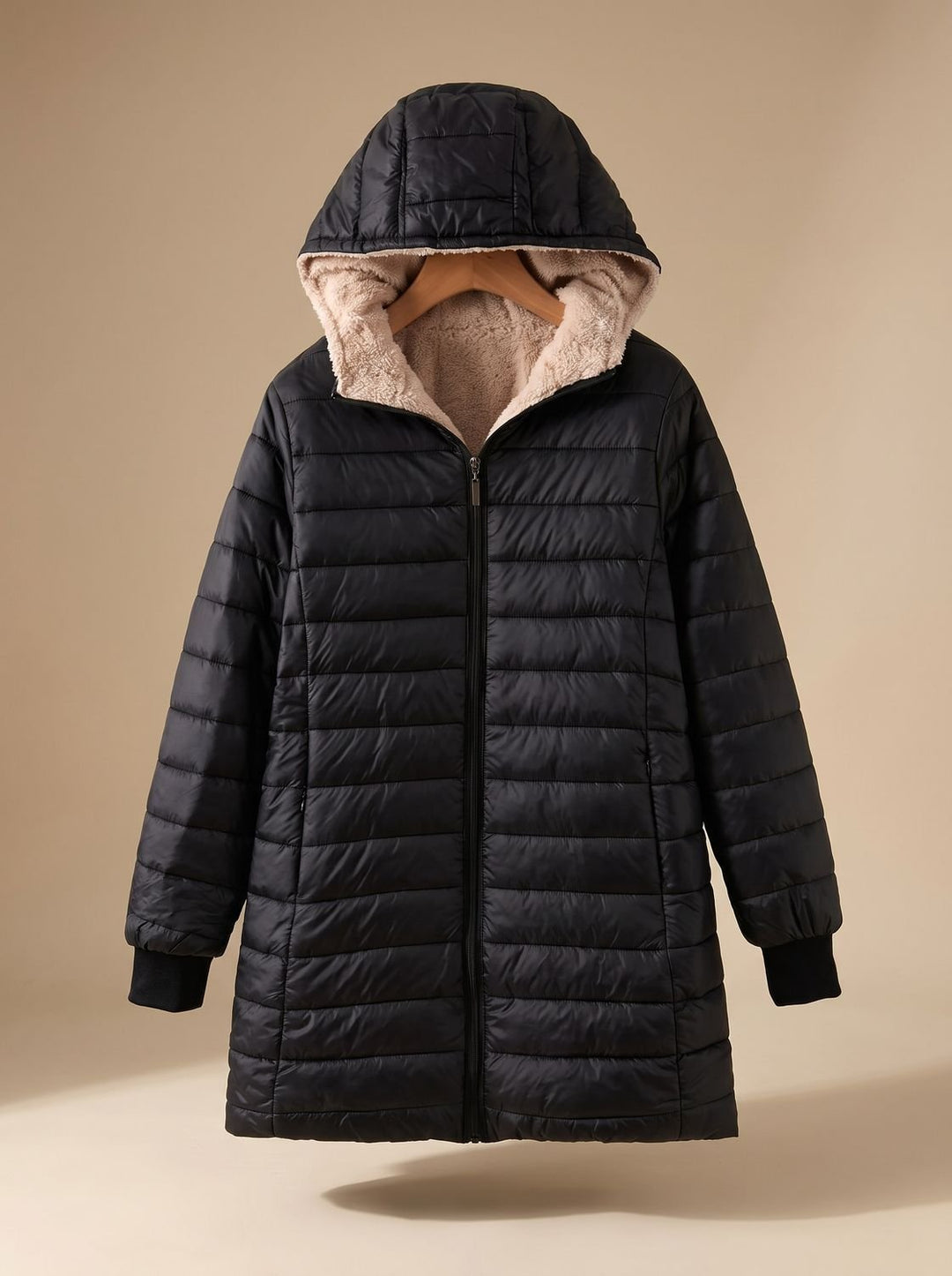 Dames Gewatteerde Teddy Jas met Capuchon Fleece Voering - Zwart