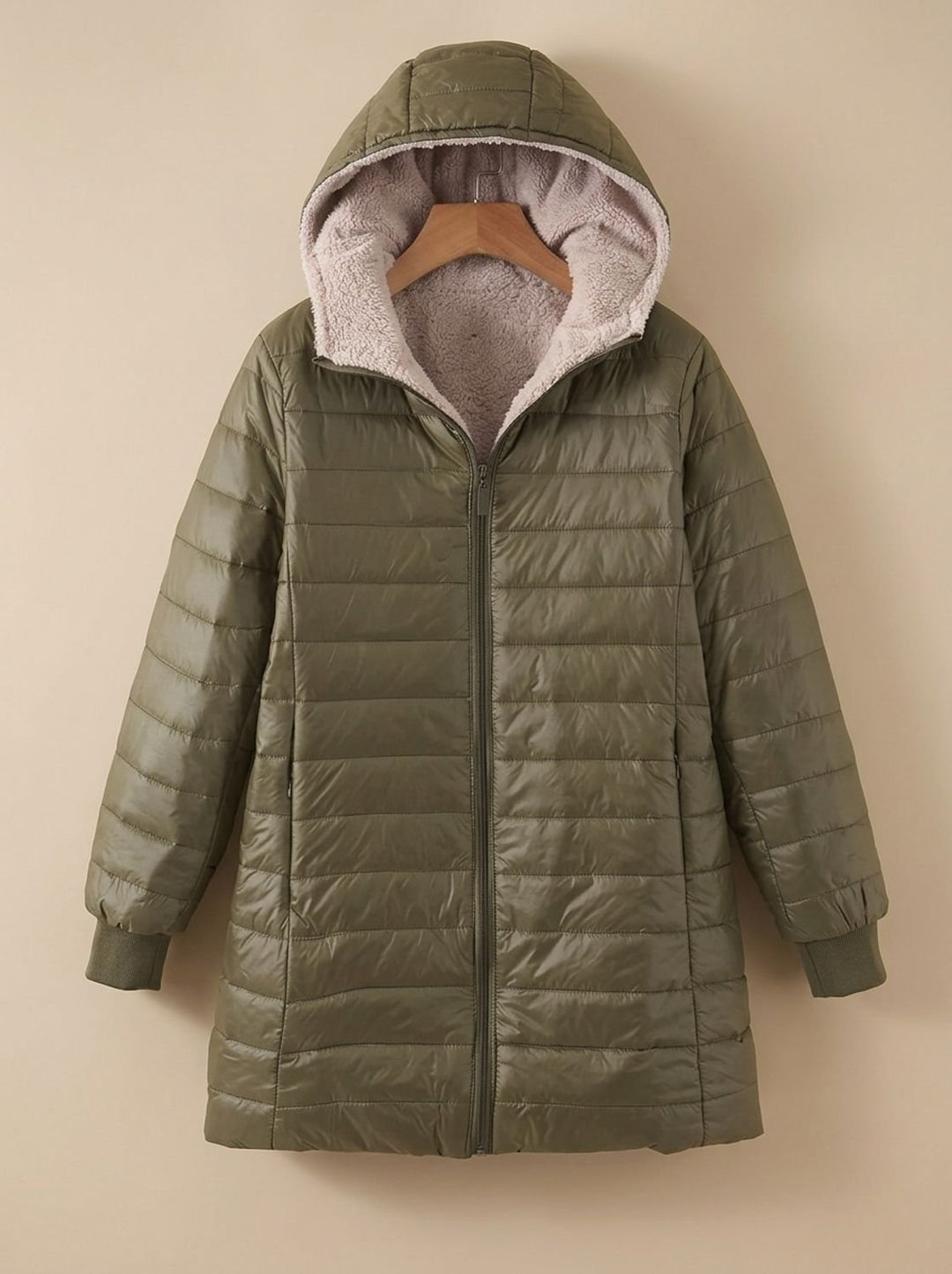 Dames Gewatteerde Teddy Jas met Capuchon Fleece Voering - Legergroen