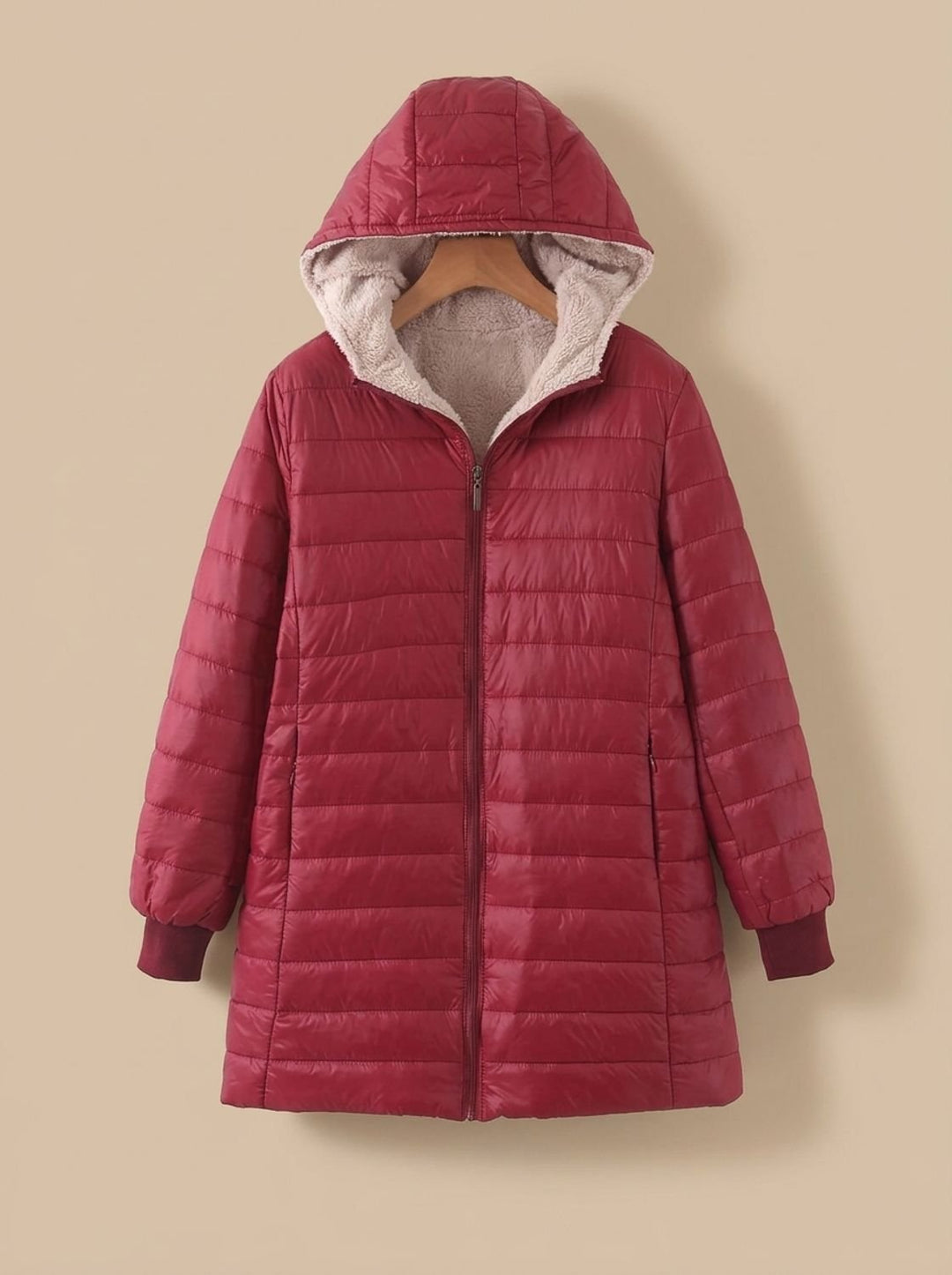 Dames Gewatteerde Teddy Jas met Capuchon Fleece Voering - Bordeaux