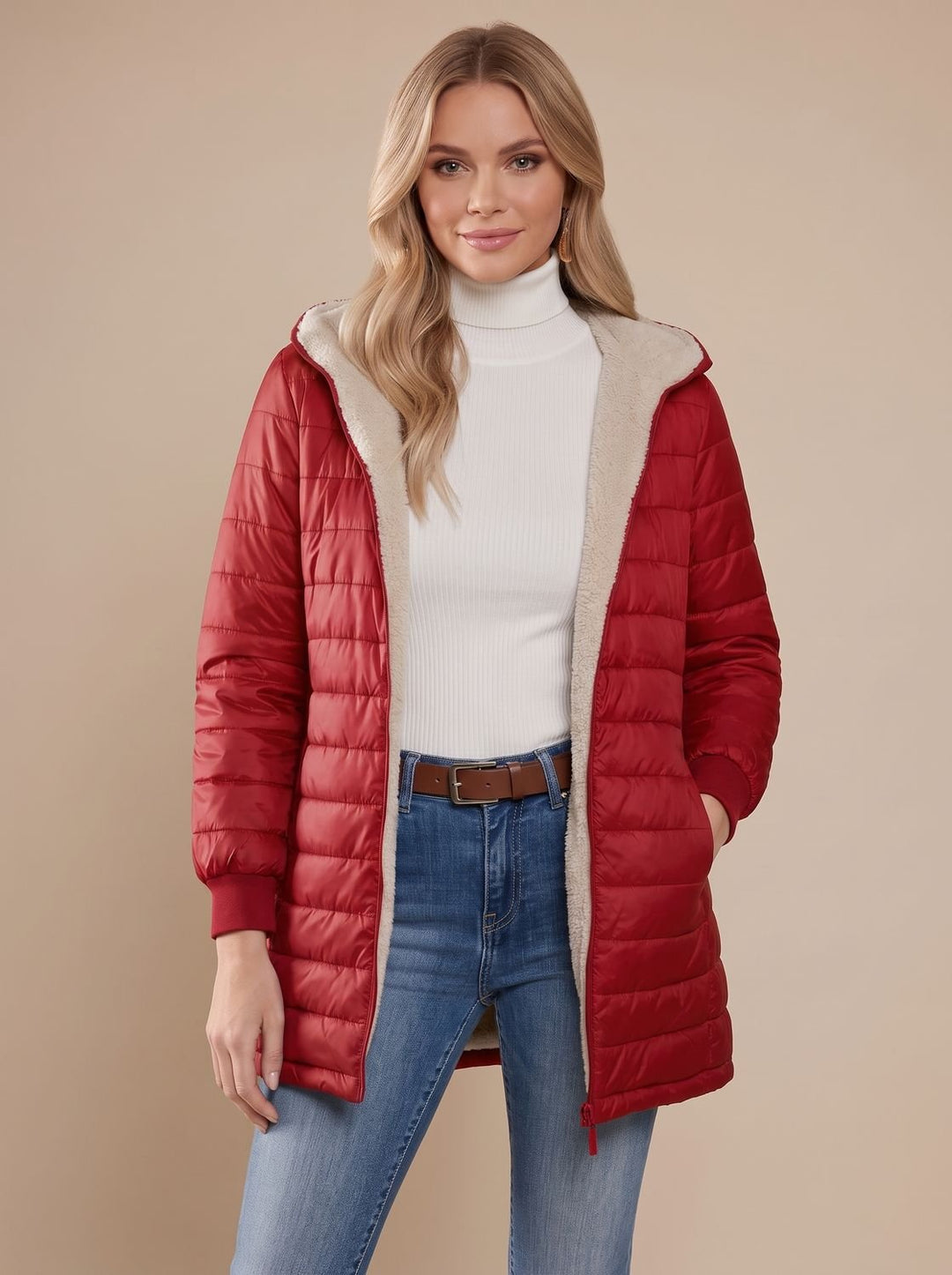 Dames Gewatteerde Teddy Jas met Capuchon Rits Dijlang - Rood