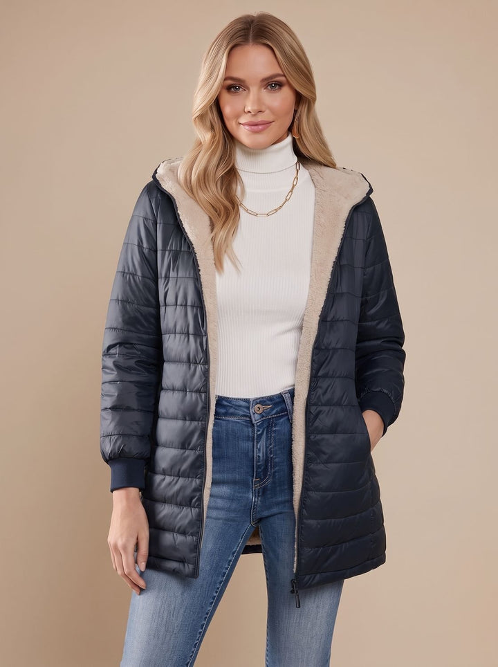 Dames Gewatteerde Teddy Jas met Capuchon Rits Dijlang - Marineblauw
