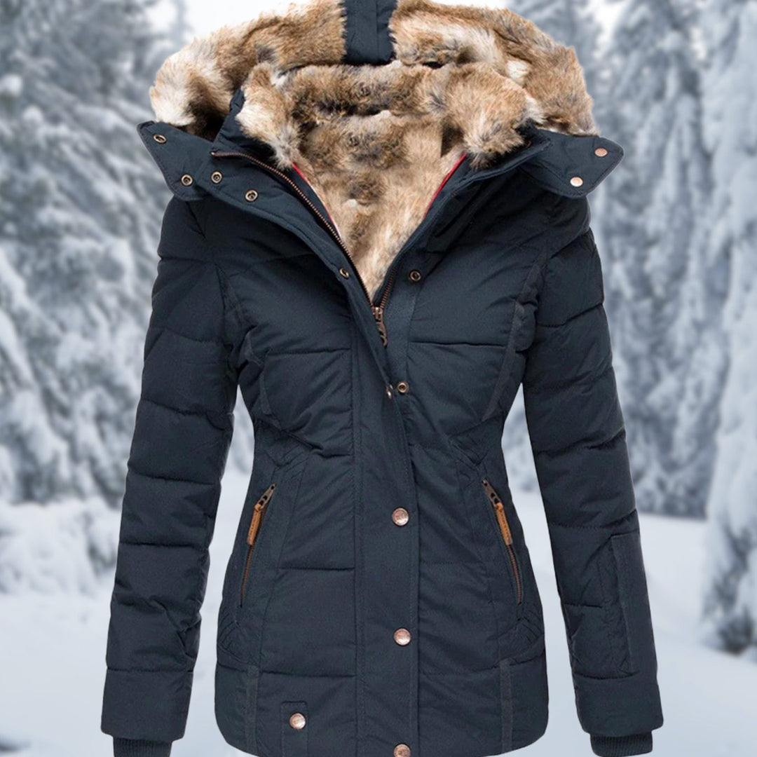 Dames Gewatteerde Winterjas met Afneembare Bontkraag Capuchon - Blauw