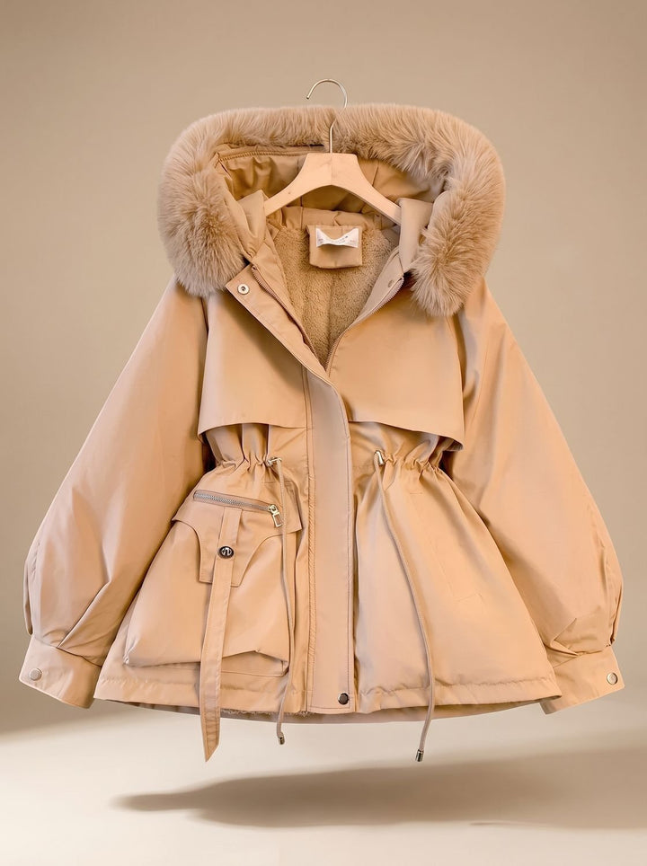 Dames Gewatteerde Winterjas met Bontkraag en Taillering - Khaki