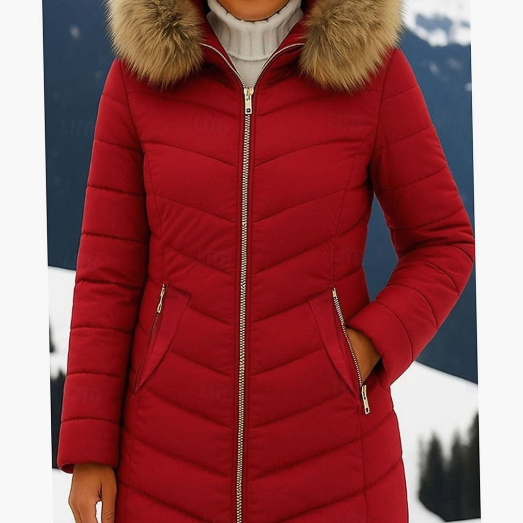 Dames Gewatteerde Winterjas Parka met Vegan Bontcapuchon - Wijn