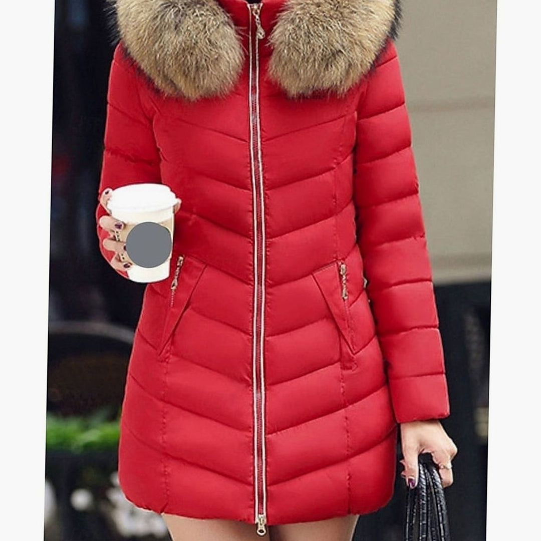 Dames Gewatteerde Winterjas Parka met Vegan Bontcapuchon - Rood