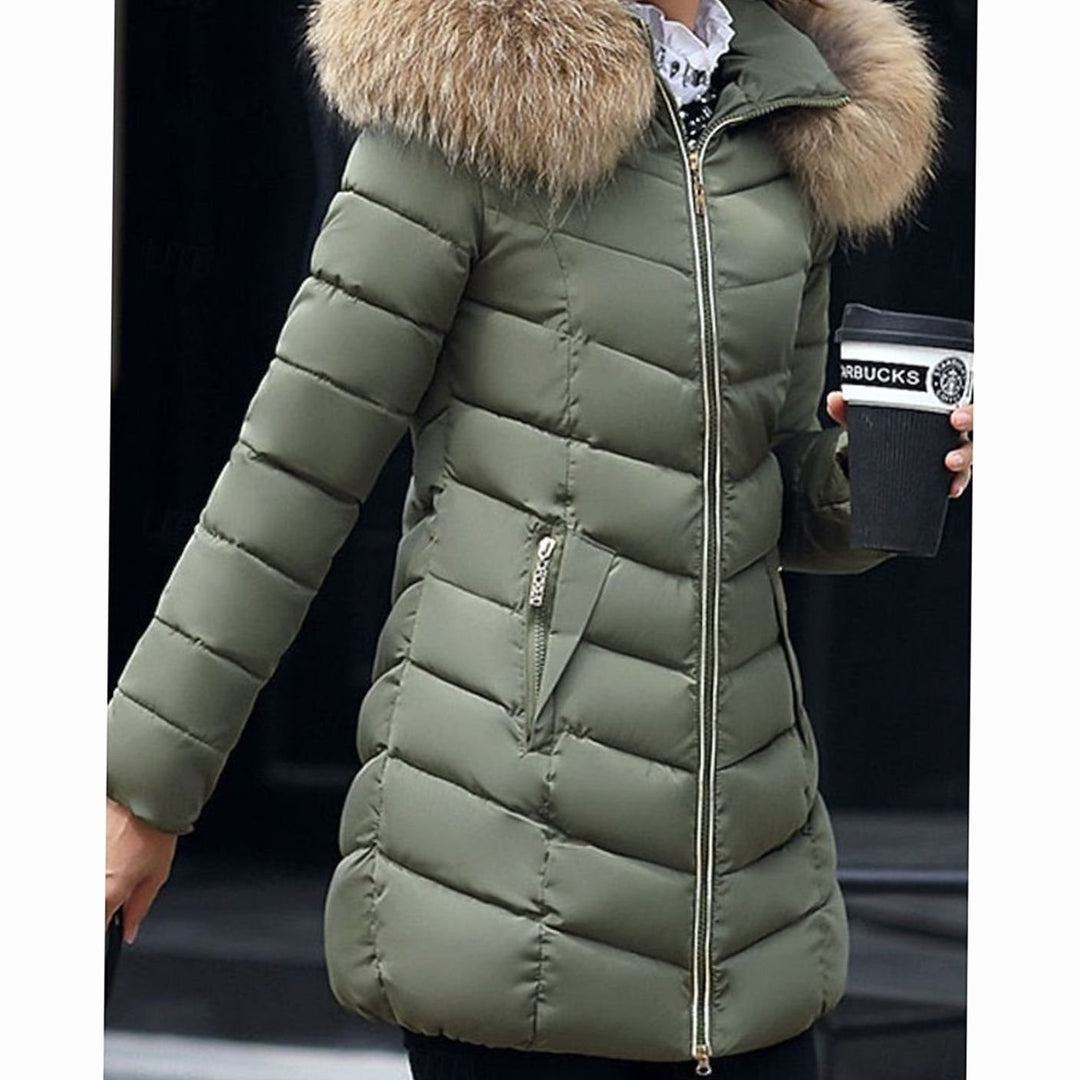 Dames Gewatteerde Winterjas Parka met Vegan Bontcapuchon - Legergroen