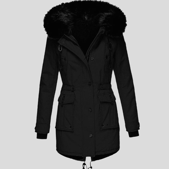 Dames Gewatteerde Winterparka Bontkraag Capuchon Knopen - Zwart