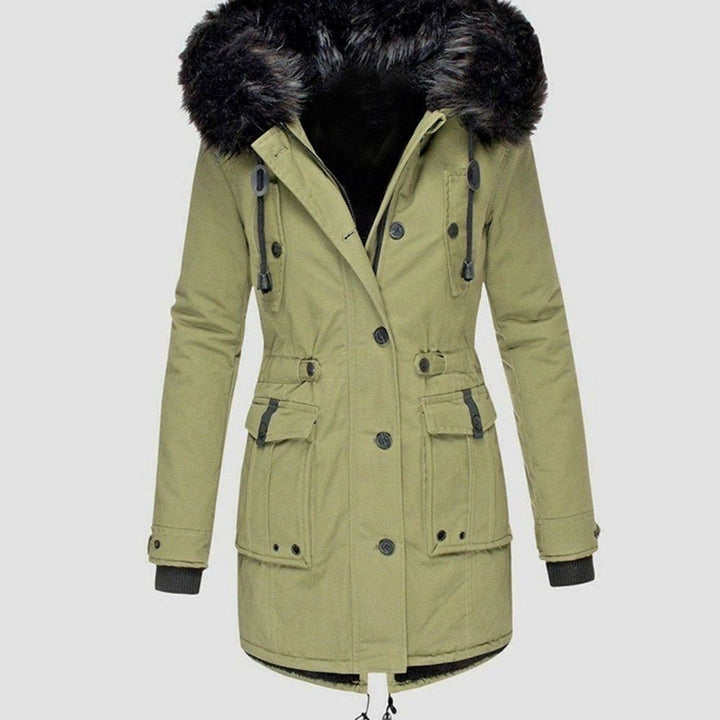 Dames Gewatteerde Winterparka Bontkraag Capuchon Knopen - Groen