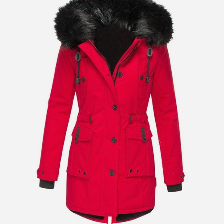 Dames Gewatteerde Winterparka Bontkraag Capuchon Knopen - Rood