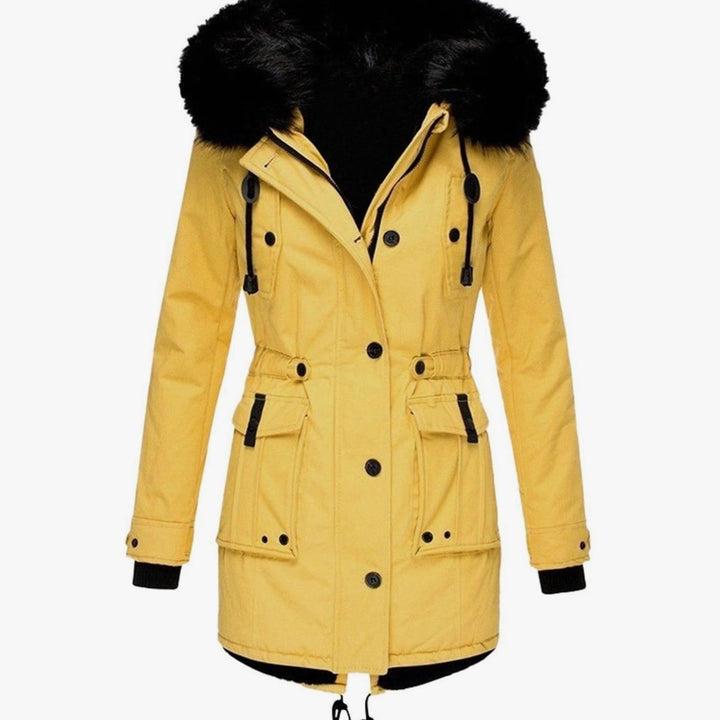 Dames Gewatteerde Winterparka Bontkraag Capuchon Knopen - Geel