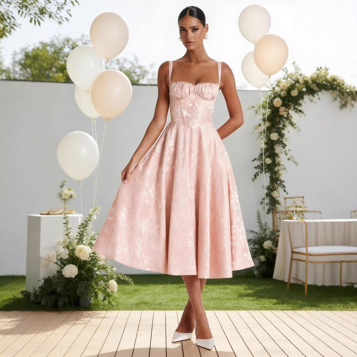 Dames Glamoureuze Jacquard Cocktailjurk Ruches Bustier Volumineuze Rok - Roze