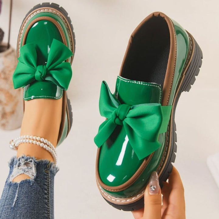 Dames Glanzende Instapper Loafers Strikdetail Platte Zool - Groen