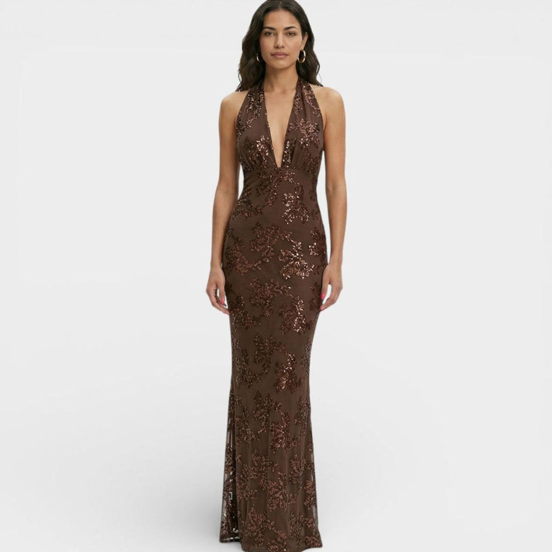 Dames Glinsterende Bloemenprint Halter Maxi Feestjurk - Bruin