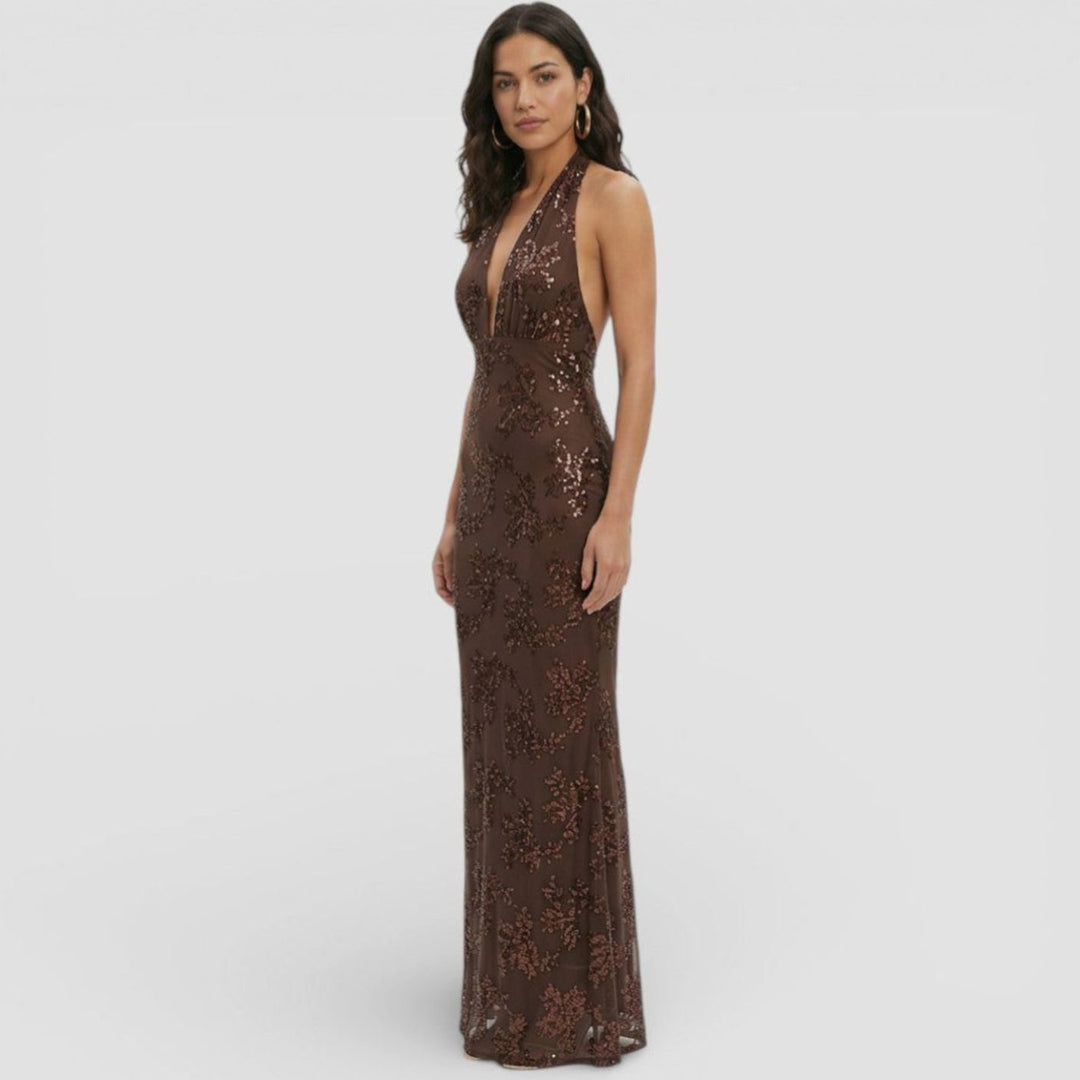 Dames Glinsterende Bloemenprint Halter Maxi Feestjurk