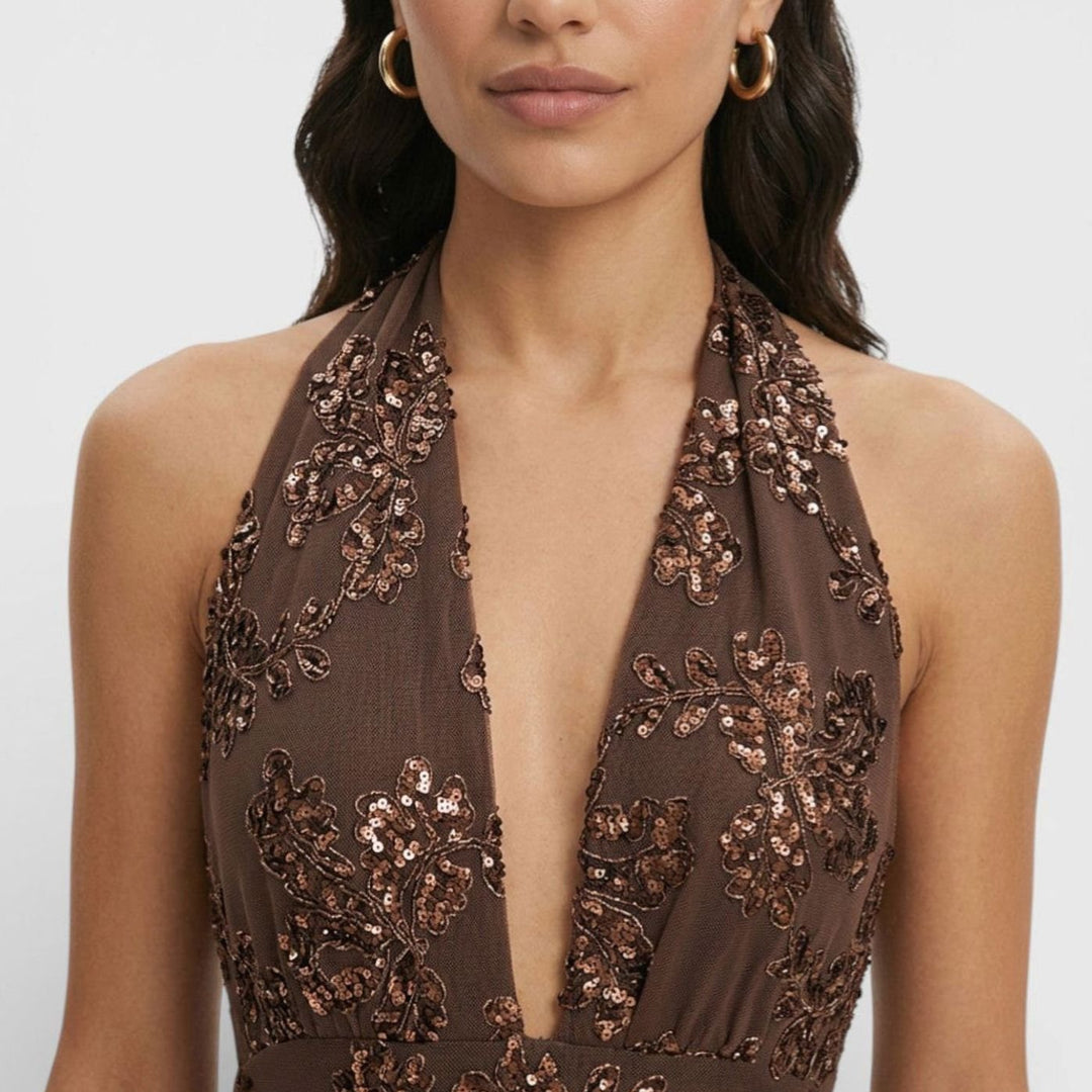 Dames Glinsterende Bloemenprint Halter Maxi Feestjurk