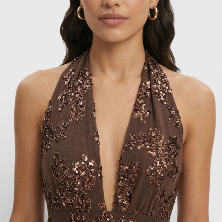 Dames Glinsterende Bloemenprint Halter Maxi Feestjurk
