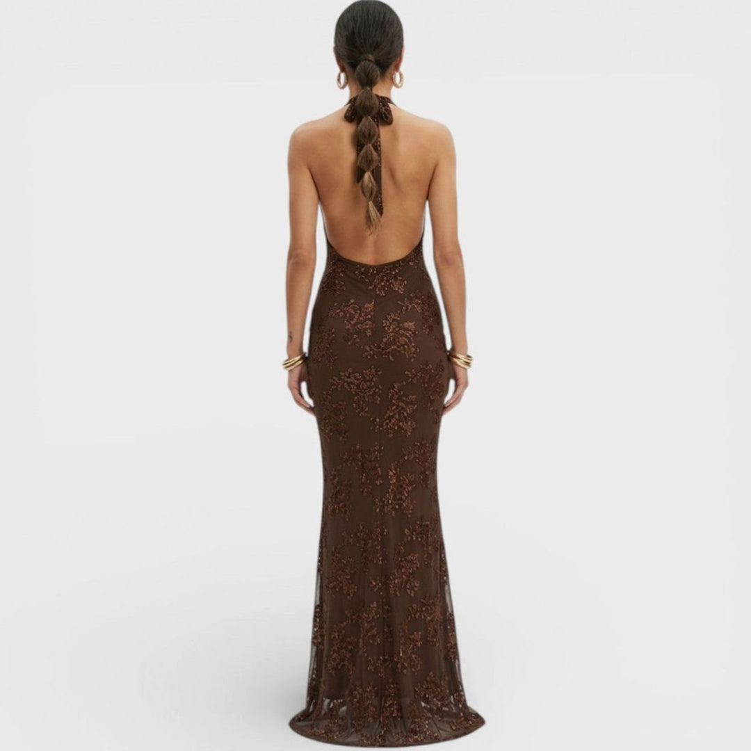 Dames Glinsterende Bloemenprint Halter Maxi Feestjurk