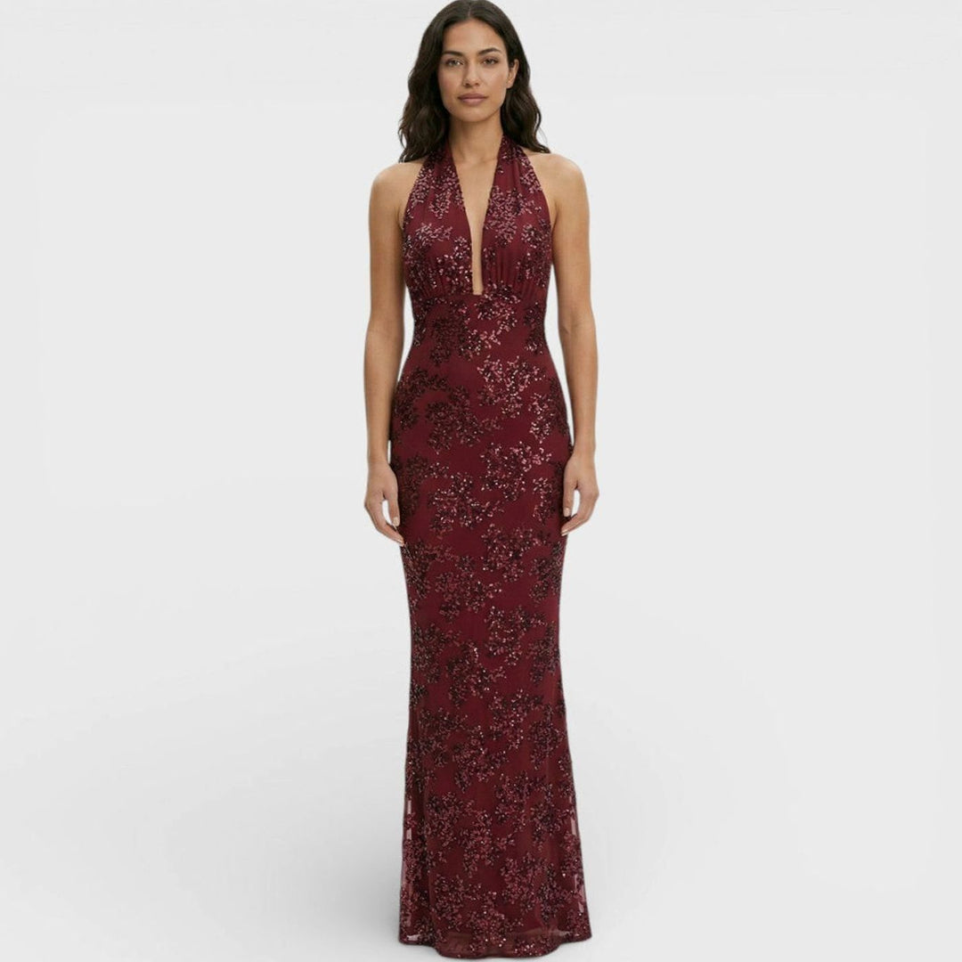 Dames Glinsterende Bloemenprint Halter Maxi Feestjurk - Bordeaux
