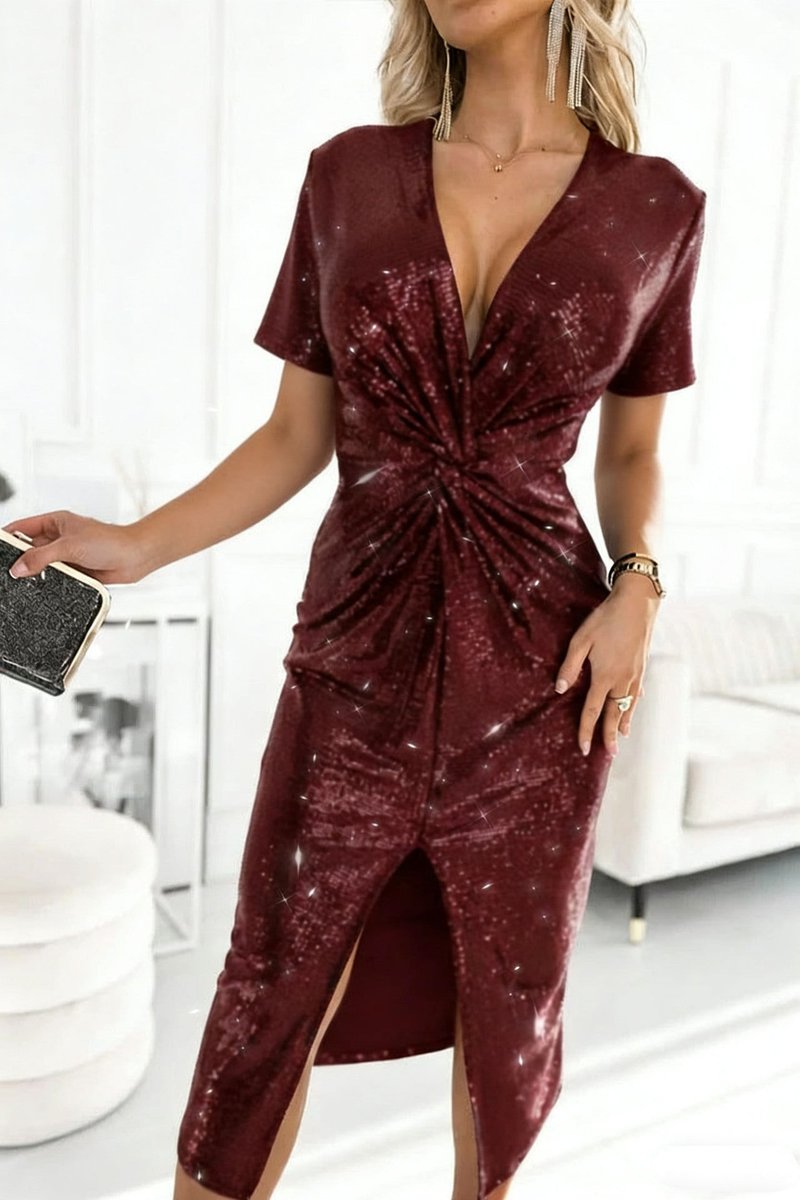 Dames Glinsterende Cocktailjurk Diepe V-hals Split Pailletten - Bordeaux