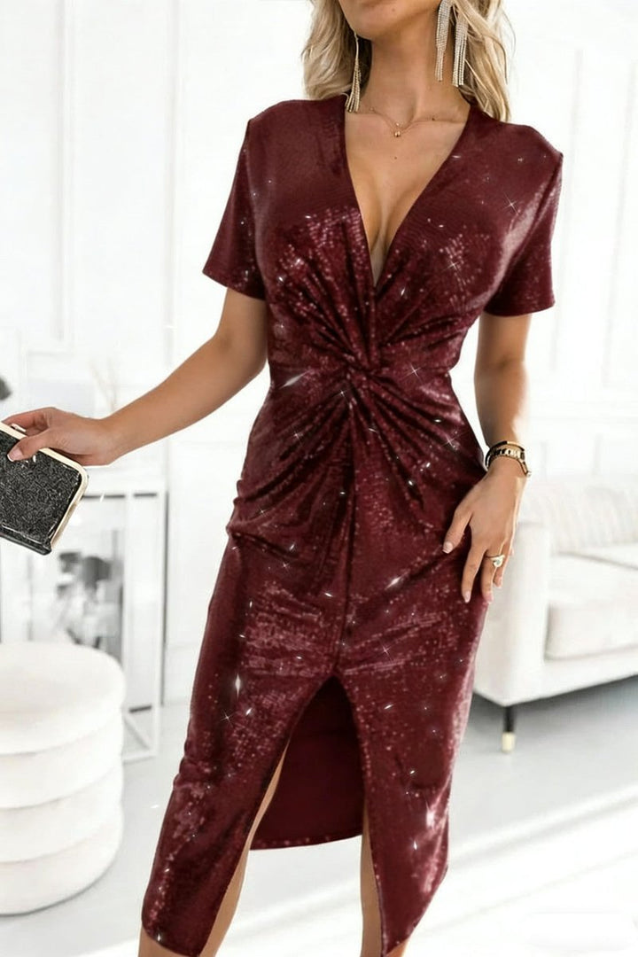 Dames Glinsterende Cocktailjurk Diepe V-hals Split Pailletten - Bordeaux