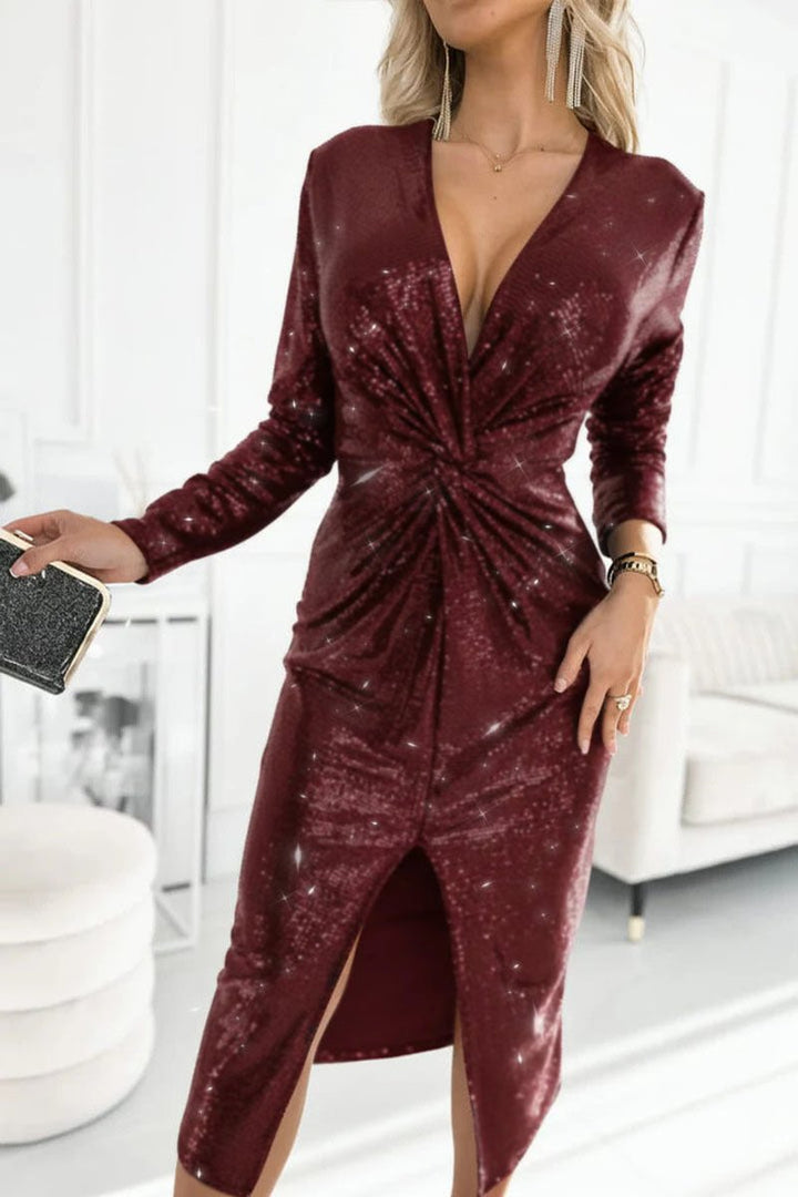 Dames Glinsterende Cocktailjurk Diepe V-hals Split Pailletten - Rood