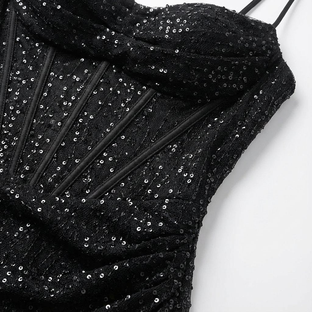 Dames Glitter Corsage Maxijurk Split Bandjes Sweetheart