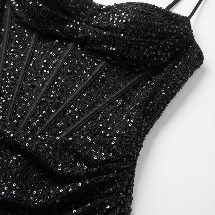 Dames Glitter Corsage Maxijurk Split Bandjes Sweetheart