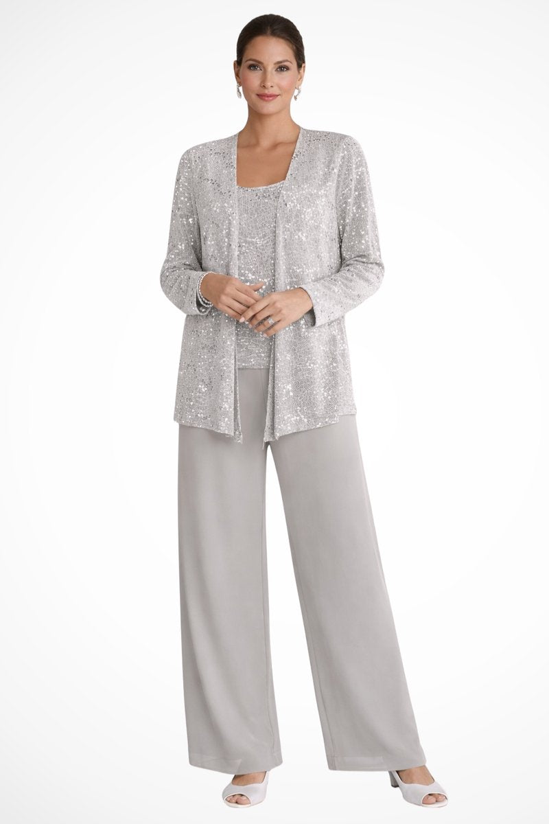 Dames Glitter Driedelig Wijde Pantalon Set Jasje - Silver
