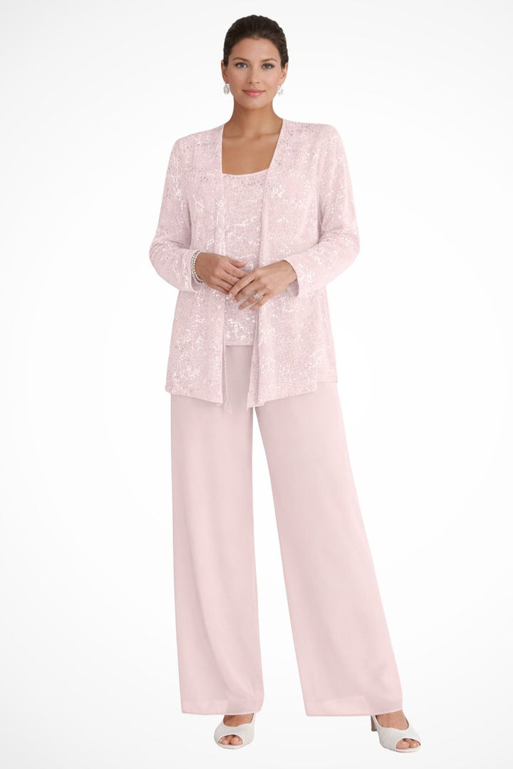 Dames Glitter Driedelig Wijde Pantalon Set Jasje - Light Pink