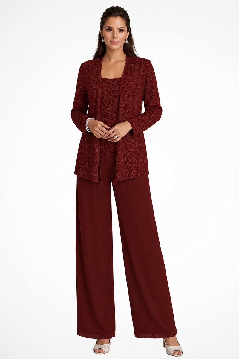 Dames Glitter Driedelig Wijde Pantalon Set Jasje - Burgundy