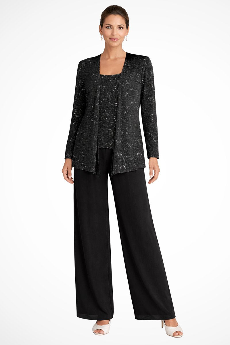 Dames Glitter Driedelig Wijde Pantalon Set Jasje - Black