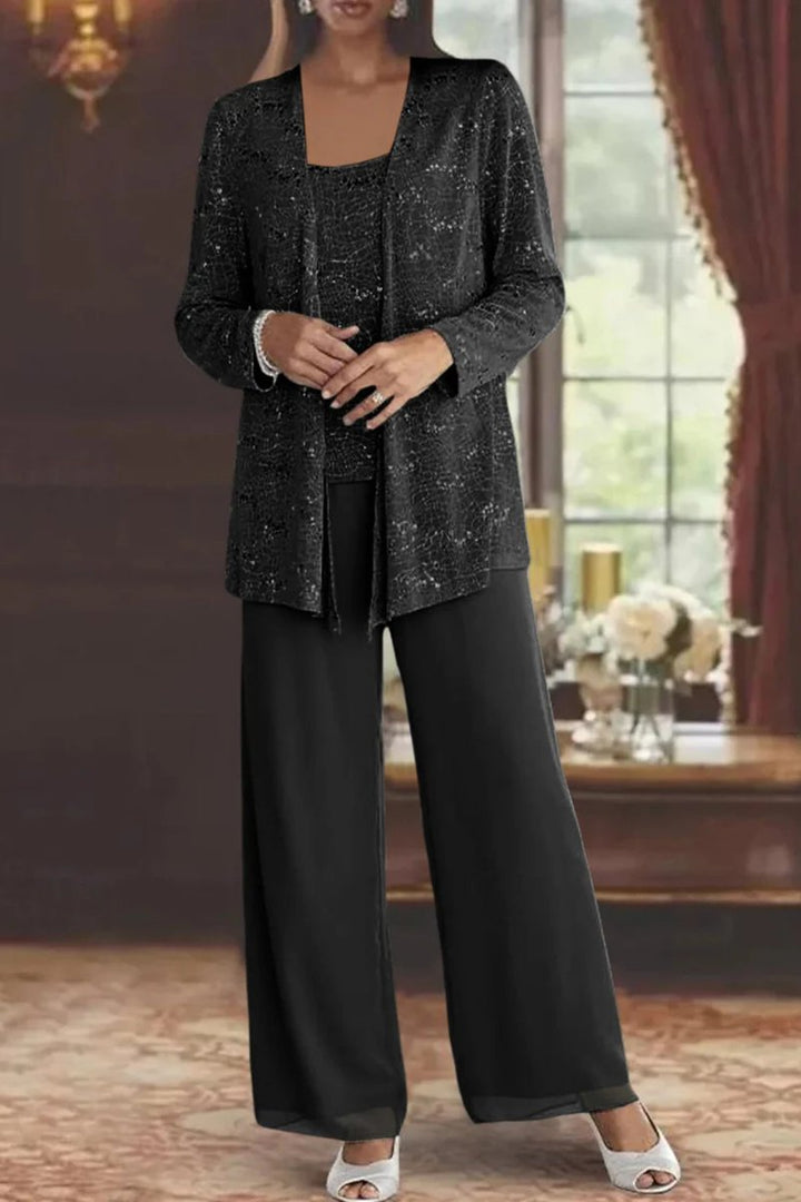 Dames Glitter Driedelig Wijde Pantalon Set Jasje
