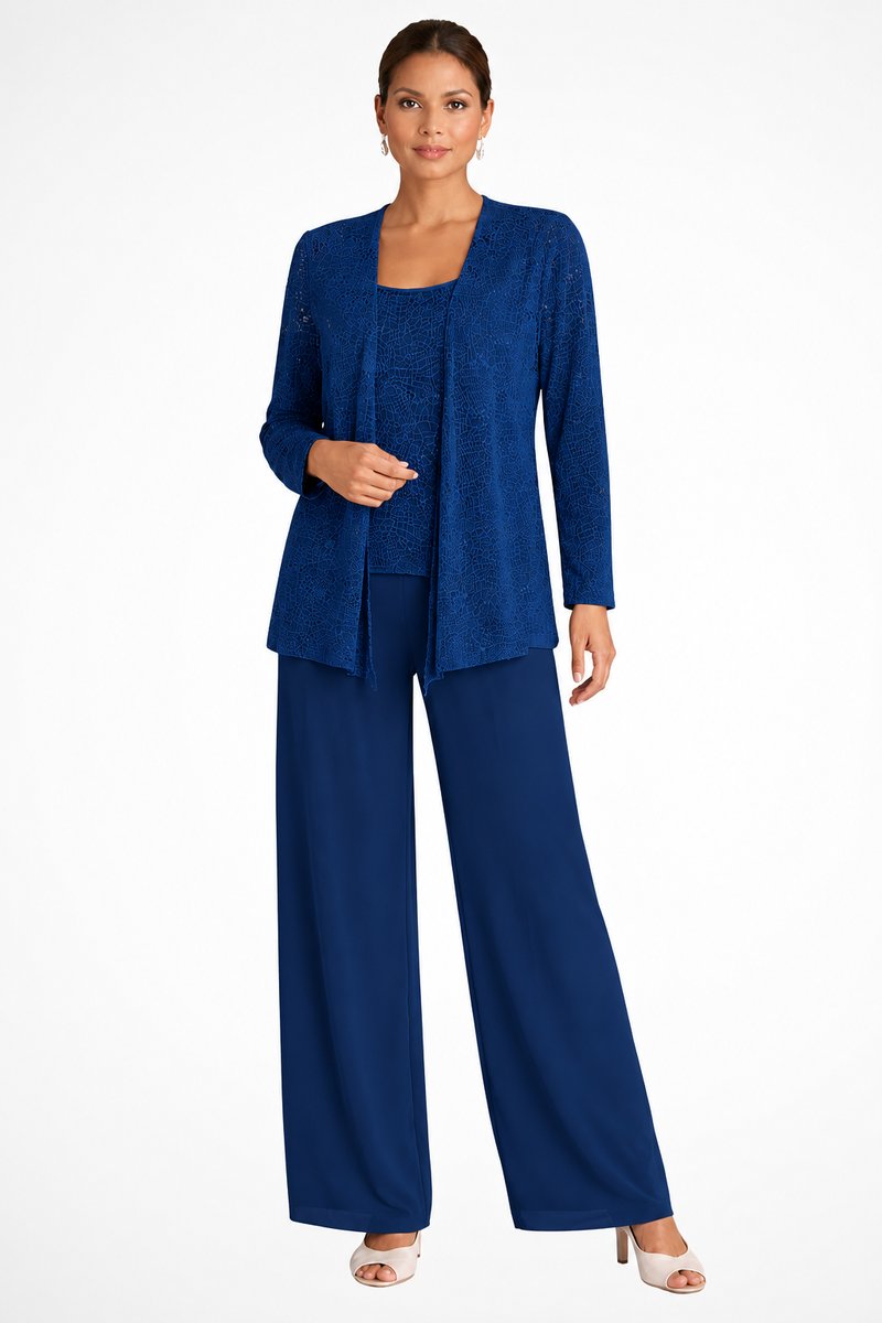Dames Glitter Driedelig Wijde Pantalon Set Jasje - Navy Blue
