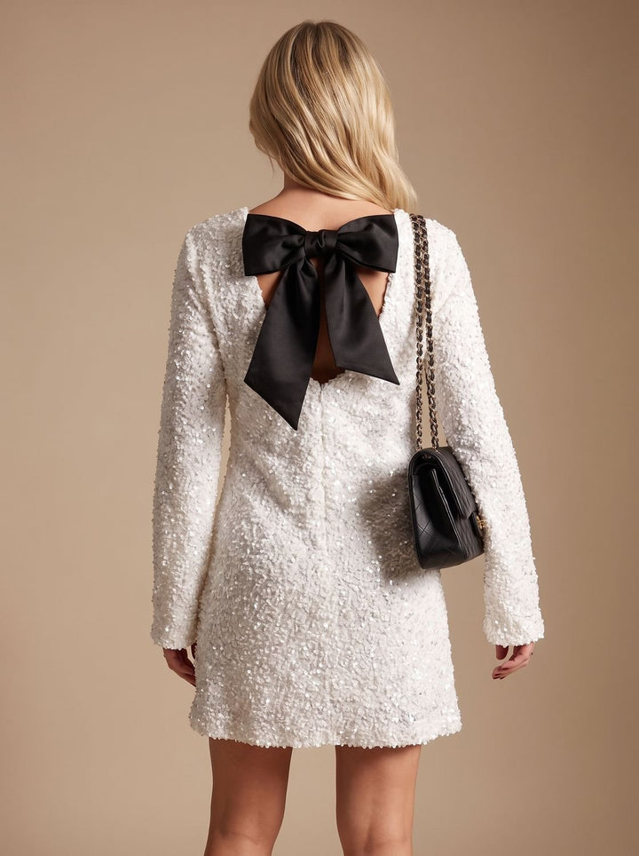 Dames Glitter Feestjurk Kerst Oud-en-Nieuw Witte Mini-jurk Lange Mouwen