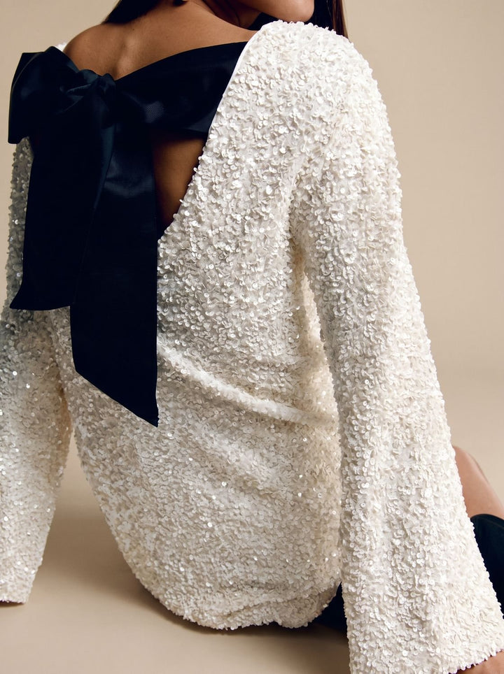 Dames Glitter Feestjurk Kerst Oud-en-Nieuw Witte Mini-jurk Lange Mouwen