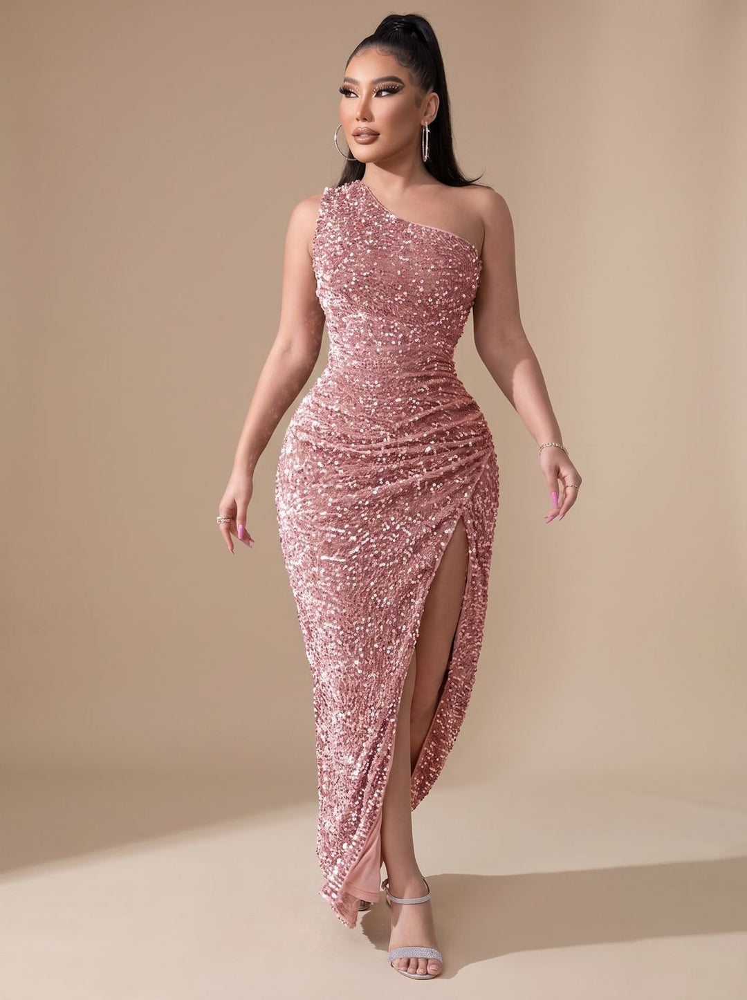 Dames Glitter Feestjurk One Shoulder Maxi Jurk met Hoge Split - Roze