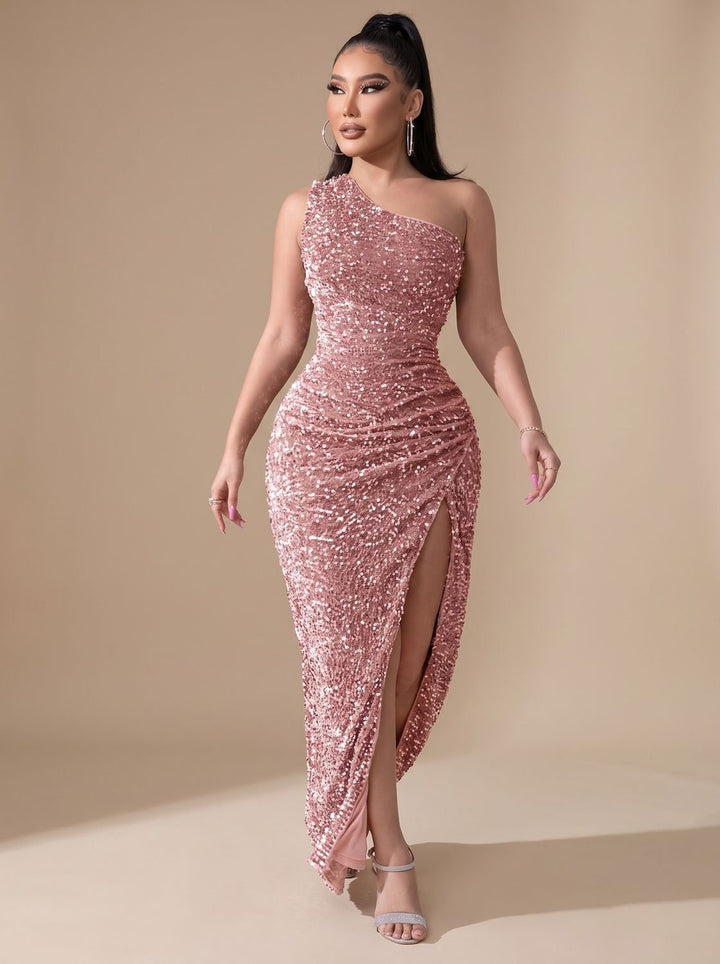 Dames Glitter Feestjurk One Shoulder Maxi Jurk met Hoge Split - Roze