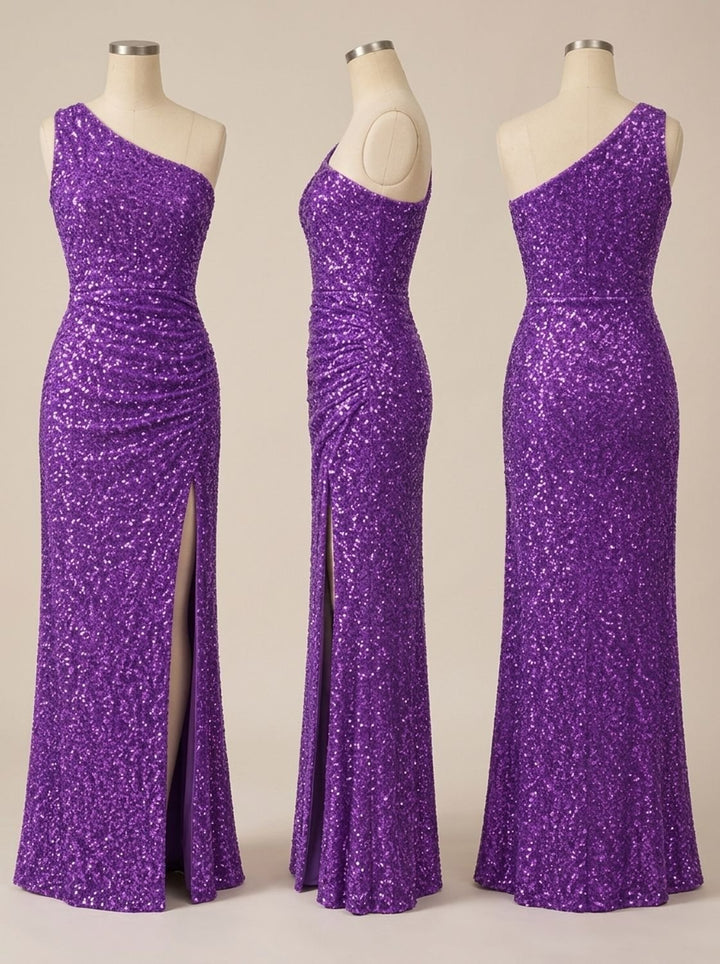 Dames Glitter Feestjurk One Shoulder Maxi Jurk met Hoge Split